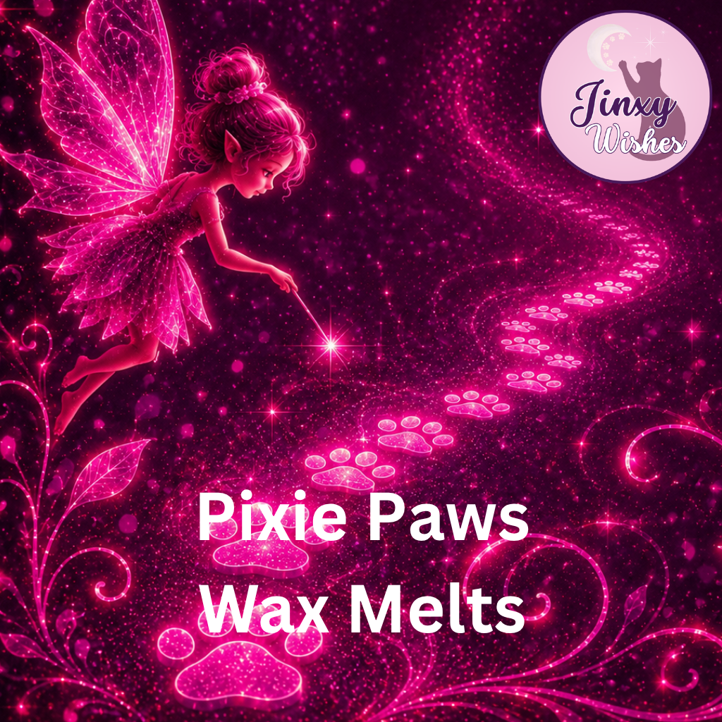 Pixie with pink wings and 'Pixie Paws Wax Melts' text on a dark pink background with 'Jinxy Wishes' logo.